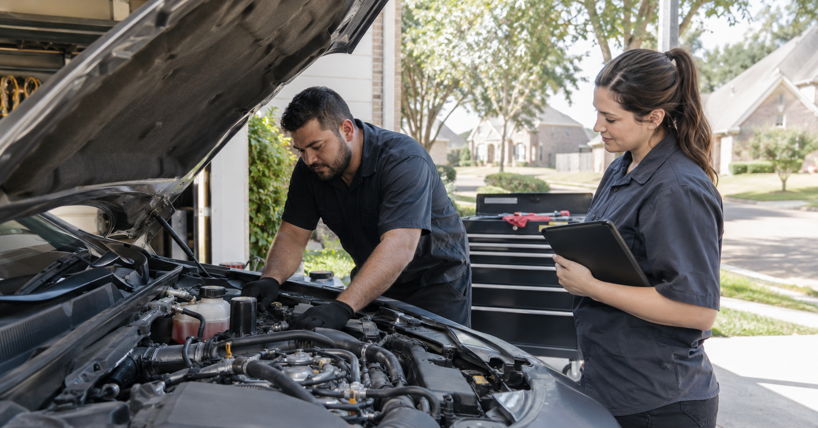 Illustrative image of auto technicians working in a service bay
