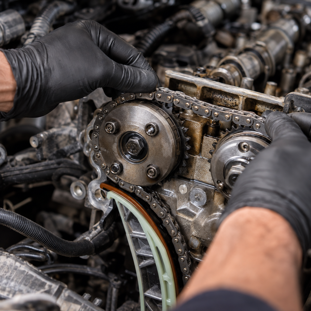 Illustrative close-up of engine timing components